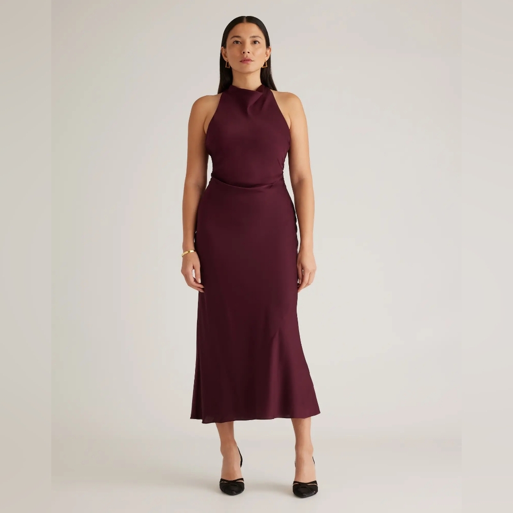 Quince Washable Stretch Silk High Neck Midi Dress Medium Wine Tasting Burgundy